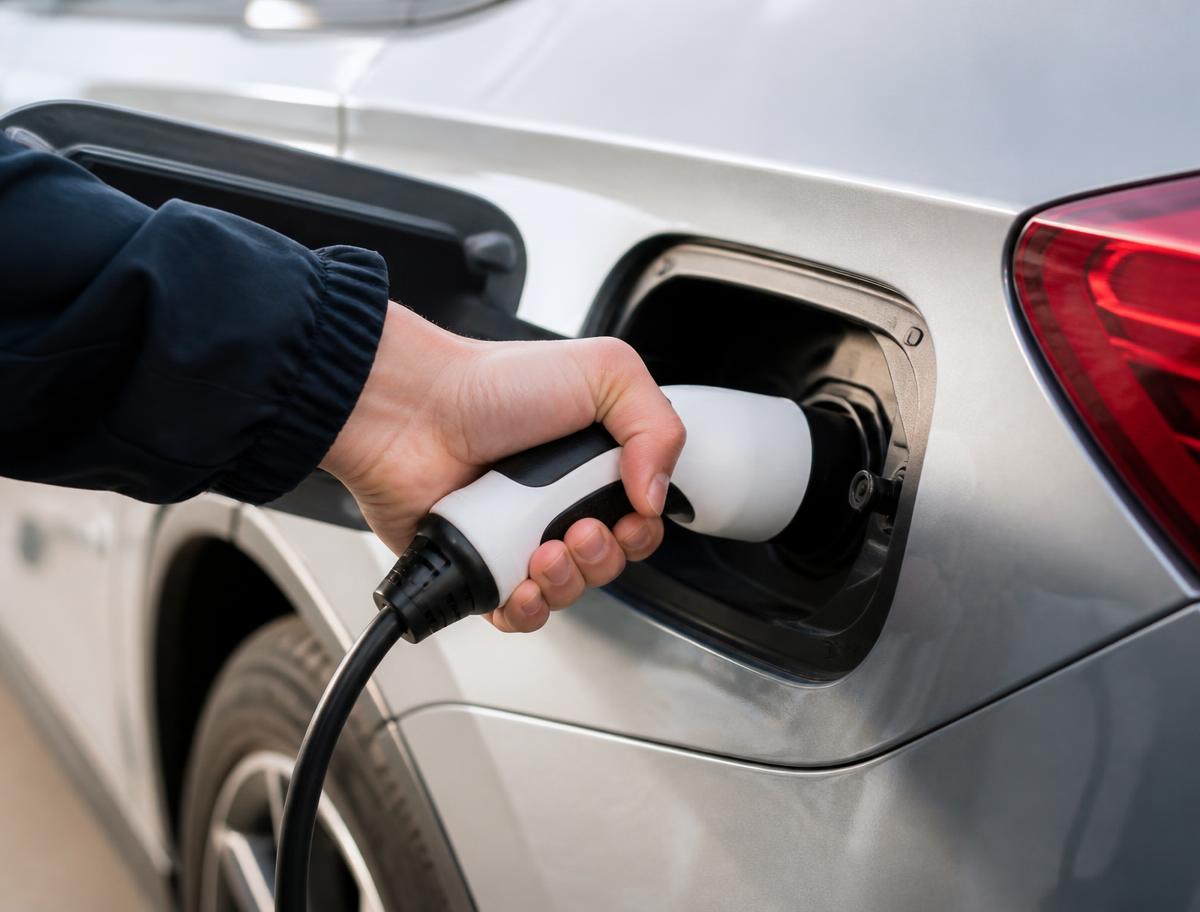 Conector Tipo 2 siendo enchufado en el puerto de carga de un auto eléctrico