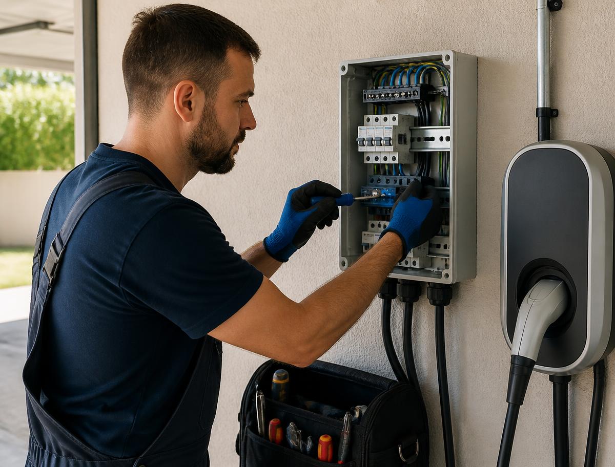 Electricista trabajando en el tablero trifásico para la instalación del cargador