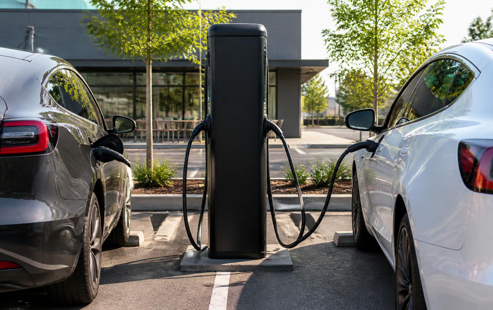 Cargador trifásico de pie en un estacionamiento comercial con dos autos eléctricos cargando