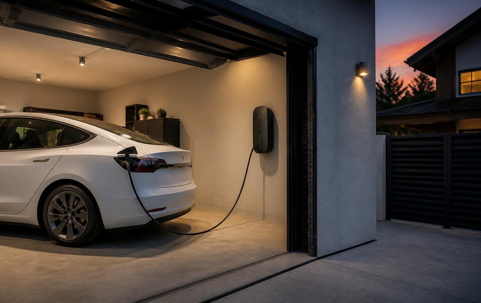 Auto eléctrico blanco cargando con un wallbox montado en la pared de un garage al atardecer